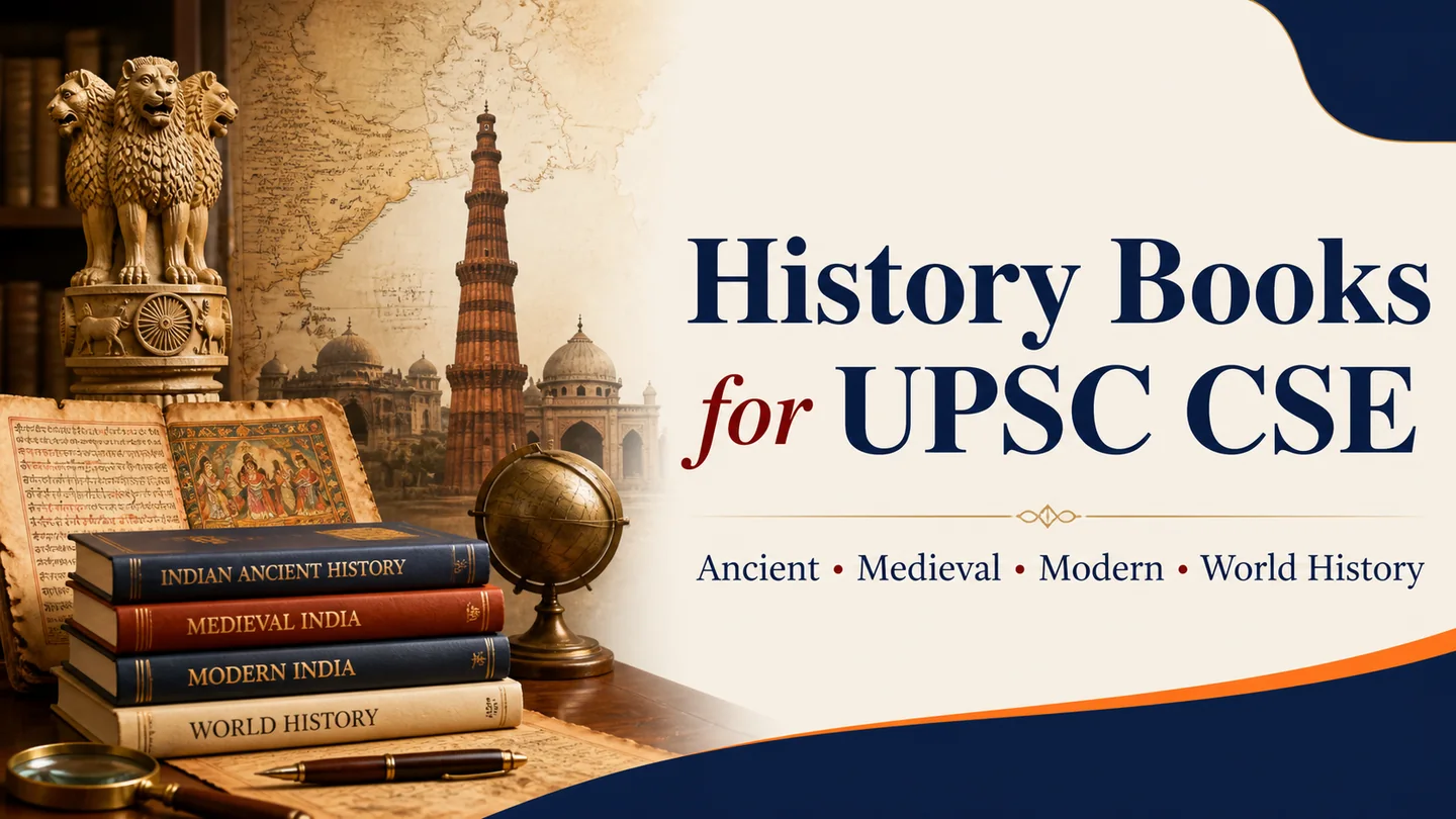 History books for UPSC CSE covering ancient, medieval, modern and world history
